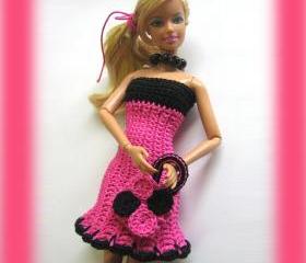 Doll Dress with Matching Bag for Barbie Doll Crocheted In Pink and Black 