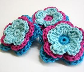 Handmade crocheted cotton flower appliques in turquoise blue and pink 3 pc 2 inches wide